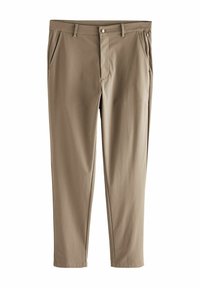 Beige Hose aus glattem Stoff, mit geradem Schnitt, vorderen Taschen und einem Knopf- und Reißverschluss.