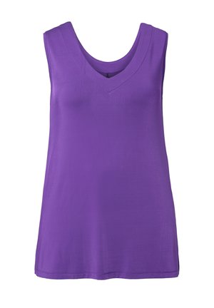 Fialové tílko bez rukávů s výstřihem do V, vyrobené z hladké látky, zobrazené na bílém pozadí.