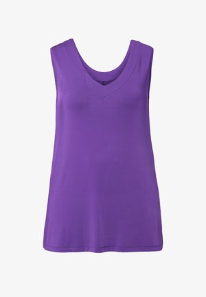 Débardeur violet sans manches avec col en V, en tissu lisse, présenté sur fond blanc.