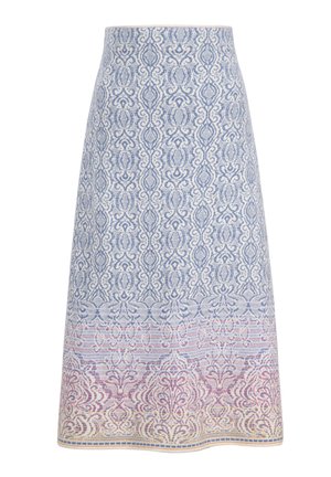 Knee-length A-line skirt with intricate blue and white geometric and floral patterns, featuring a multicolor border near the hem.