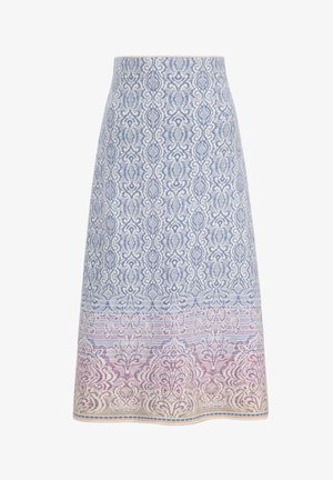 Knee-length A-line skirt with intricate blue and white geometric and floral patterns, featuring a multicolor border near the hem.
