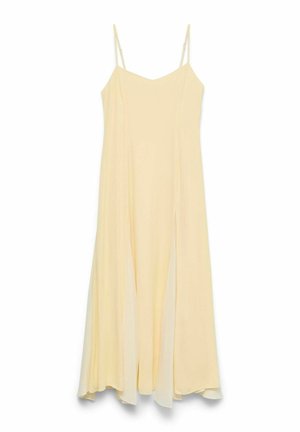 Rochie maxi galben deschis fără mâneci, cu bretele subţiri reglabile şi fustă fluidă, ușor evazată.
