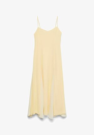Robe longue sans manches jaune clair avec fines bretelles réglables et jupe fluide légèrement évasée.