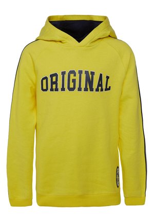 Sweat à capuche jaune avec doublure intérieure de la capuche noire, bande noire le long des manches, et le texte "ORIGINAL" en lettres noires épaisses sur le devant.