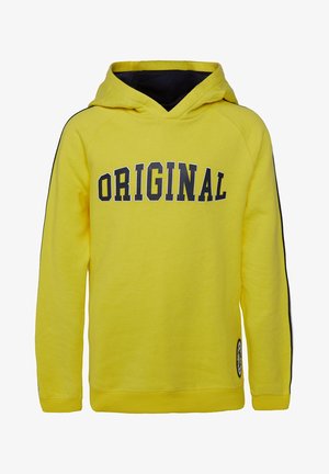 Sudadera con capucha amarilla con forro interior negro en la capucha, franja negra a lo largo de las mangas y texto "ORIGINAL" en letras negras en negrita en el frente.