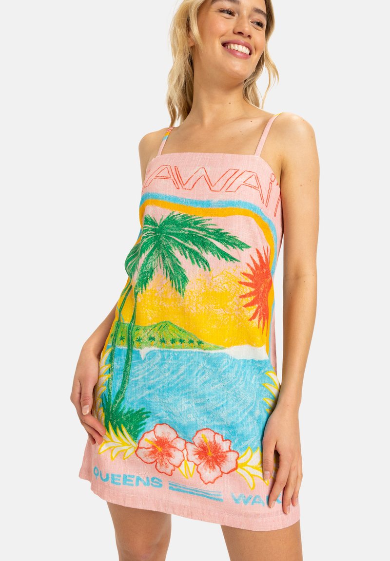 Farbiger Tank-Dress mit Palmbaum- und Blumenmotiven, auf einem verlaufenden Hintergrund in Pink, Gelb und Blau. Hergestellt aus weichem Stoff.