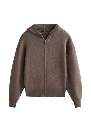 Brown zip-up hoodie made of soft fabric, featuring a wide hood, dropped shoulders, and ribbed cuffs and hem for a relaxed fit.
