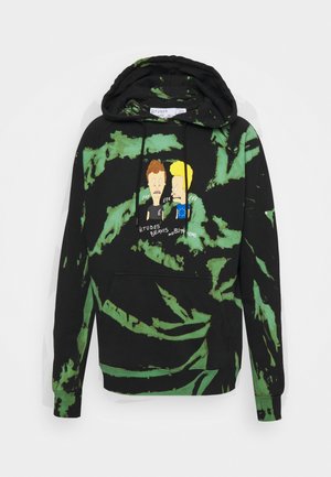 Sweat à capuche tie-dye noir et vert avec les personnages de dessin animé Beavis et Butt-Head, texte sur le devant, poche kangourou et cordons de serrage noirs.