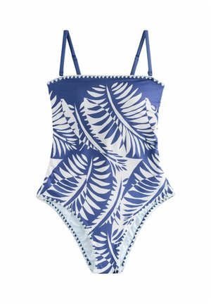 Blauer und weißer Badeanzug mit verstellbaren Schulterriemen und großem tropischem Blattmuster.