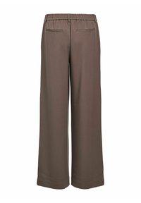 Hněd�é široké kalhoty s elastickým pasem, dvěma zadními kapsami a hladkou texturou. Design je jednoduchý bez viditelných vzorů.