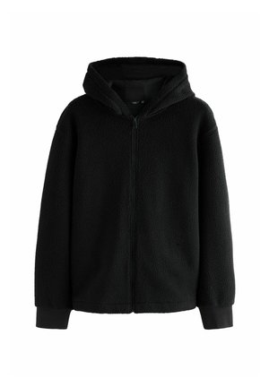 Hoodie en polaire noire avec fermeture éclair, texture douce, grande capuche et manches longues avec poignets côtelés. Aucune mot d'ordre ni accent visible.