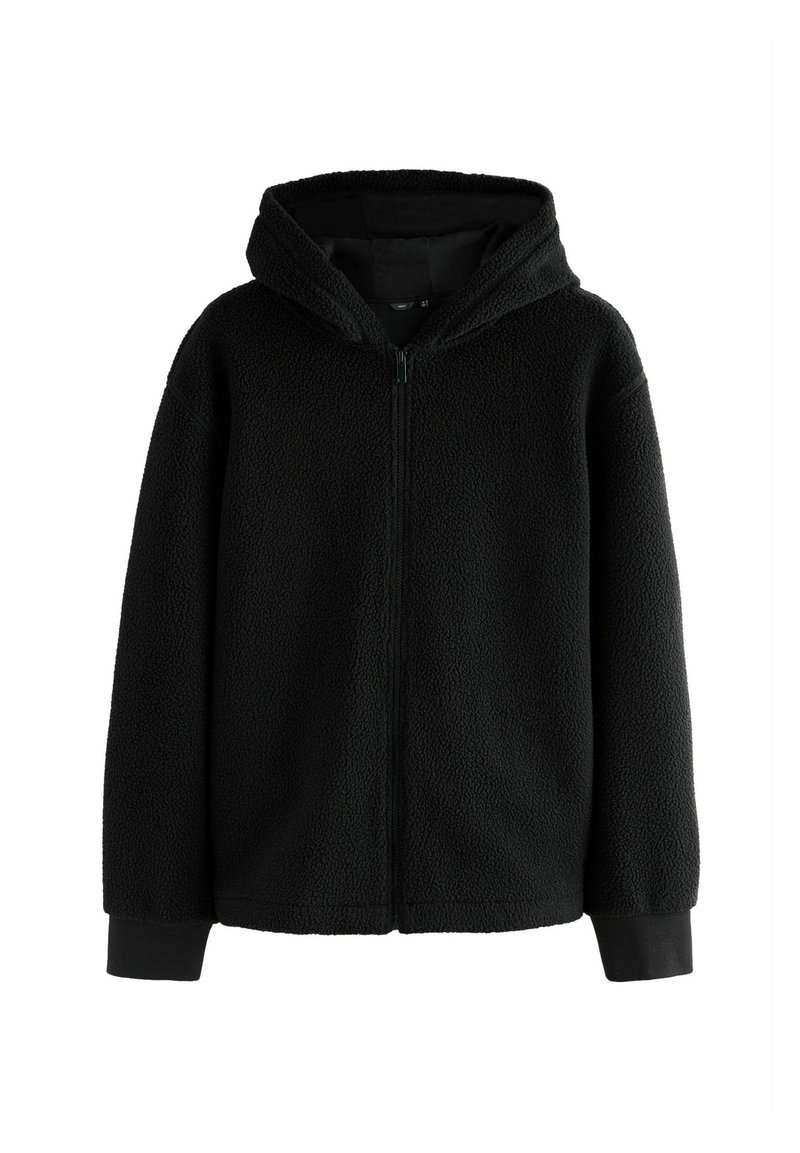Schwarzer Fleece-Hoodie mit Reißverschluss, weichem Textur, großer Kapuze und langen Ärmeln mit gerippten Bündchen. Keine sichtbaren Muster oder Akzente.
