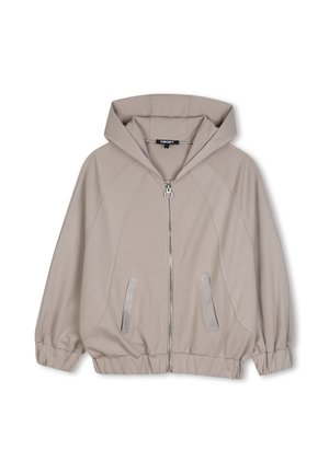 Veste à capuche beige clair avec fermeture éclair intégrale à l'avant, poignets et ourlet élastiques, deux poches avant, et logo DKNY sur la fermeture éclair et l'étiquette intérieure.