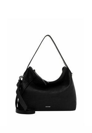 Czarna skórzana torba na ramię z pojedynczym paskiem, srebrnymi elementami i małym logo na środku przodu.