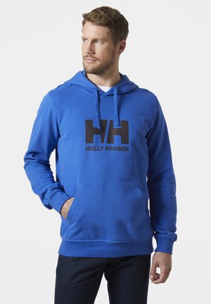 Sudadera azul de mezcla de algodón, con un bolsillo tipo canguro, capucha ajustable con cordones y un gran logo negro en el frente.