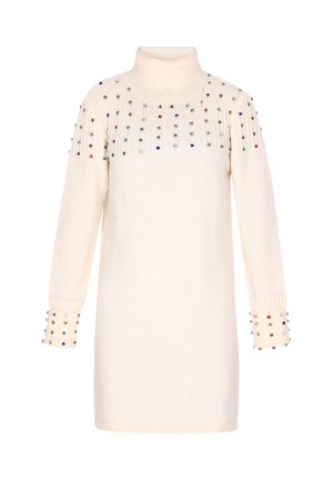 Kreemivalge kampsuni kleit kõrge kaelusega, millel on kaunistused värvilistest kalliskividest õlgadel ja varrukatel ning ribakudumistega mansetid.