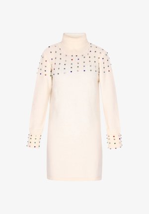 Kreemivalge kampsuni kleit kõrge kaelusega, millel on kaunistused värvilistest kalliskividest õlgadel ja varrukatel ning ribakudumistega mansetid.