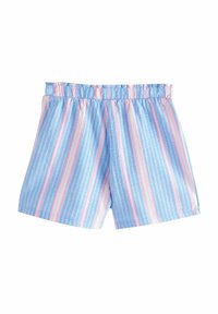 Gestreepte shorts met blauwe, roze en witte kleuren, elastische tailleband en een losse pasvorm; gemaakt van lichtgewicht, gestructureerde stof.