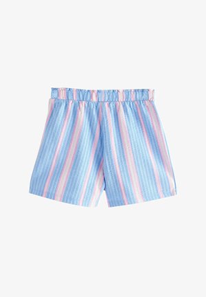 Shorts a righe nei colori blu, rosa e bianco, con vita elasticizzata e vestibilità ampia; realizzati in tessuto leggero e testurizzato.