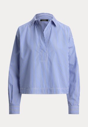 Μπλούζα με μακριά μανίκια, κάθετες ρίγες σε μπλε και λευκό, με μυτερό γιακά και μερική εμπρόσθια πατιλέτα, κατασκευασμένη από ελαφρύ ύφασμα.