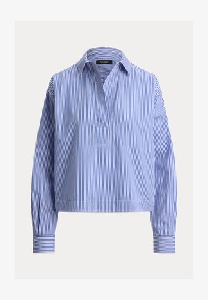 Μπλούζα με μακριά μανίκια, κάθετες ρίγες σε μπλε και λευκό, με μυτερό γιακά και μερική εμπρόσθια πατιλέτα, κατασκευασμένη από ελαφρύ ύφασμα.