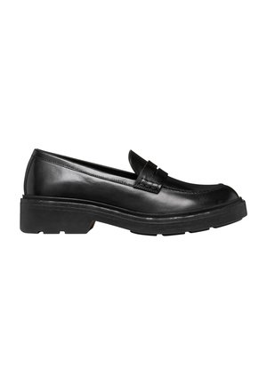 Chaussure loafer en cuir noir avec une semelle épaisse en caoutchouc et un petit talon, avec un détail de sangle cousue sur la tige.