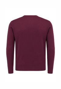 Maglione a maniche lunghe color granata realizzato in tessuto morbido, con scollo rotondo, polsini e orlo a coste, con una finitura liscia e testurizzata.