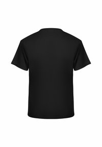 Musta lyhythihainen T-paita pyöreällä kaula-aukolla, sileä kangastunne ja suora leikkaus. Ei graafisia kuvioita tai printtejä takana.