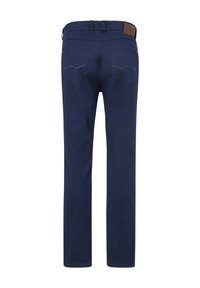 Navy blue cotton trousers with straight legs, two back pockets featuring curved seams, and a brown leather patch on the waistband.