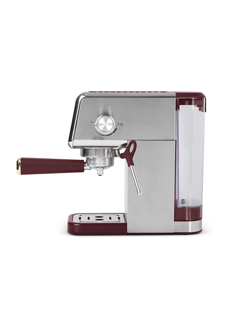 Stříbrný a burgundský kávovar na espresso s cylindrickým tělem, odnímatelnou nádrží na vodu, nastavitelnou parní tryskou a ovládacím tlačítkem.