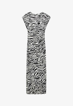 Zwart-witte zebra print jurk, lang en aansluitend ontwerp, korte mouwen, gemaakt van zachte stof met een gladde textuur.