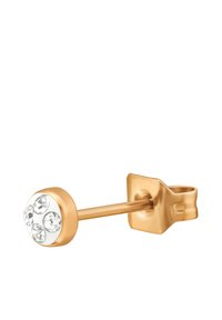 Orecchini a perno in tono oro con un design rotondo, finitura liscia e quattro strass trasparenti disposti in un motivo circolare sulla parte anteriore.