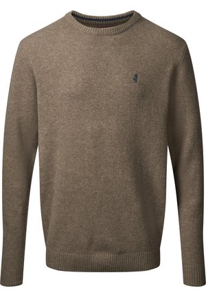 Brown knit sweater with a crew neckline, ribbed cuffs, and hem. Features a small logo on the left chest. Smooth texture with a subtle pattern.