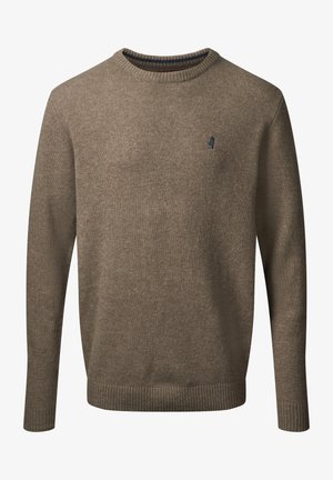 Brązowy sweter z dzianiny z okrągłym dekoltem, prążkowanymi mankietami i dołem. Posiada małe logo po lewej stronie klatki piersiowej. Gładka faktura z delikatnym wzorem.