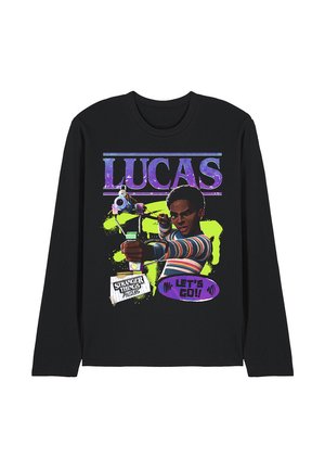 Black long-sleeve shirt with a graphic of a boy aiming a toy gun, text "LUCAS," and "Stranger Things Tales From The Upside Down" with "Let's Go!!"