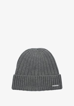 Szara dziana czapka z prążkowanym wzorem i złożonym mankietem. Posiada małą metkę z logo po boku. Miękka tekstura.