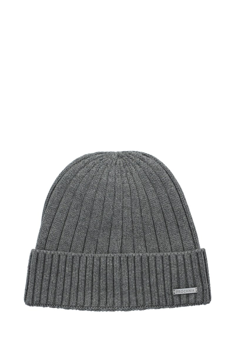 Szara dziana czapka z prążkowanym wzorem i złożonym mankietem. Posiada małą metkę z logo po boku. Miękka tekstura.