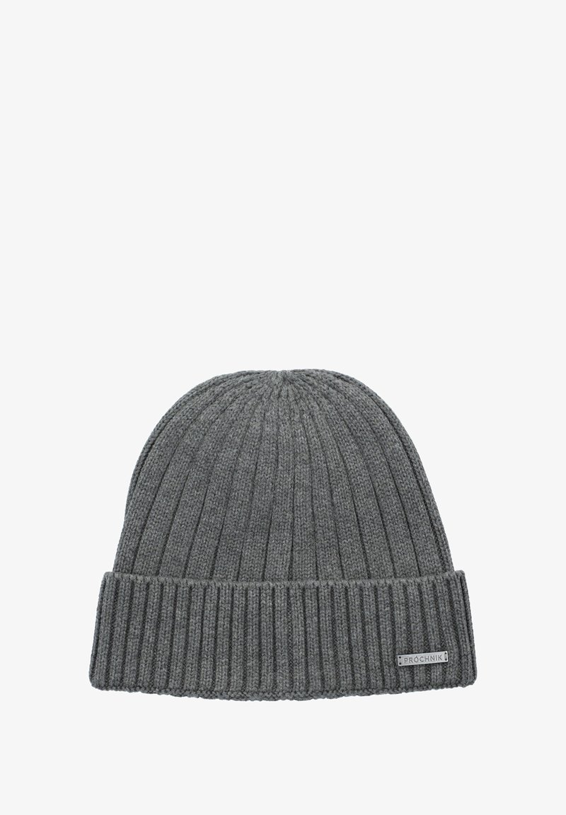 Szara dziana czapka z prążkowanym wzorem i złożonym mankietem. Posiada małą metkę z logo po boku. Miękka tekstura.