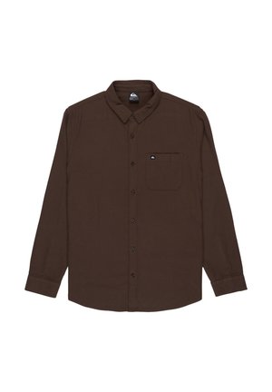 Brown long-sleeve shirt, button-down design, chest pocket, collared neck, made of soft fabric with a subtle texture, and discreet logo detail.