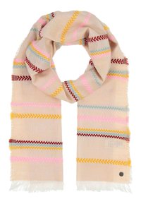 Beige gewobener Schal mit bunten Zickzacknähten in Rot, Pink, Gelb und Blau. Verfügt über Fransenenden und ein kleines metallisches Logodetail.