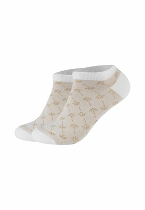 Beige ankelstrømper med hvide detaljer, med et blomstermønster. Stoffet er en blanding af bomuld, letvægts og med en blød tekstur.