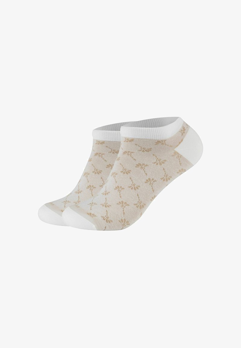 Beige ankelstrømper med hvide detaljer, med et blomstermønster. Stoffet er en blanding af bomuld, letvægts og med en blød tekstur.