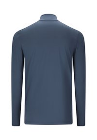 Navy blue long-sleeve shirt with a high collar, shown from the back, featuring a smooth, plain fabric and regular fit.