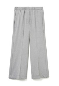 Graue weit geschnittene Hose mit elastischem Bund, zwei Seitentaschen und glatter Textur. Sie hat einen geraden Schnitt und gesäumte Bündchen.