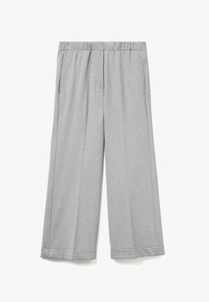 Grey wide-leg pants with an elastic waistband, two side pockets, and a smooth texture. Features a straight cut and hemmed cuffs.