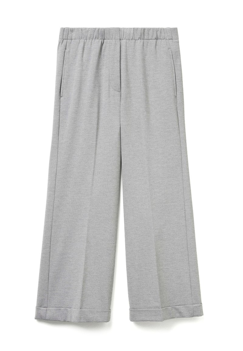 Graue weit geschnittene Hose mit elastischem Bund, zwei Seitentaschen und glatter Textur. Sie hat einen geraden Schnitt und gesäumte Bündchen.