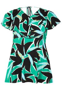 Kurzes Kleid mit tiefem V-Ausschnitt, Rüschärmeln und schwarzem Hintergrund. Hat ein grünes und blaues Blattformmuster und eine seidige Textur.