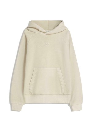 Cream-colored hoodie made of soft fabric, featuring a front pouch pocket and a drawstring hood. It has raglan sleeves and subtle logo embroidery.
