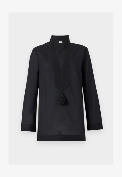 Μαύρη μακρυμάνικη τουνίκ με γιακά μανταρίνι, κάθετη ραφή στο στήθος και φουντίτσα που κρέμεται από το ντεκολτέ.