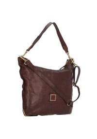 Sac en cuir marron avec une forme décontractée, doté d'accents cloutés et d'une bandoulière détachable. Texture lisse et détails en matériel doré.